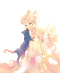 Rule 34 | 1girl, absurdres, back bow, bishoujo senshi sailor moon, black cat, blonde hair, bow, bracelet, cat, closed eyes, crescent, crescent facial mark, detached sleeves, dolcexxx, double bun, dress, facial mark, forehead mark, gold trim, hair bun, hand on own cheek, hand on own face, highres, jewelry, kiss, kiss day, long dress, long hair, luna (sailor moon), pearl bracelet, pearl hair ornament, princess serenity, sidelocks, sitting, smile, twintails, very long hair, white background, white dress