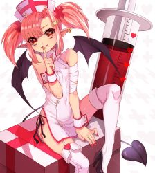 Rule 34 | 1girl, :q, absurdres, bandaged arm, bandages, bandaid, bandaid hair ornament, bat wings, brown eyes, covered navel, demon girl, demon tail, earrings, garter straps, hair ornament, hat, highres, index finger raised, jewelry, looking at viewer, marota, nurse, nurse cap, original, oversized object, panties, pink hair, pointy ears, side-tie panties, sitting, sleeveless, solo, syringe, tail, thighhighs, tongue, tongue out, twintails, underwear, white background, white thighhighs, wings, x hair ornament