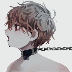 Rule 34 | 1boy, blood, blood from mouth, brown hair, chain, chain leash, facing to the side, highres, leash, looking to the side, male focus, open mouth, original, portrait, red eyes, simple background, solo, topless male, uzuki uzu, white background