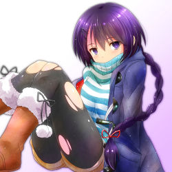 Rule 34 | 1girl, black pantyhose, blush, boots, braid, character request, coat, covered mouth, hair ornament, hair ribbon, hairclip, highres, long hair, looking at viewer, pantyhose, purple eyes, purple hair, ribbon, rip-off (manga), single braid, snow boots, solo, sweater, torn clothes, torn pantyhose, turtleneck, watarui