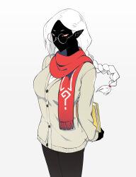 1girl absurdres arms_behind_back black_skin book breasts brown_pants closed_mouth colored_sclera colored_skin glasses highres holding holding_book long_hair long_sleeves looking_at_viewer original pants pointy_ears ponytail red_sclera scarf shirt solo standing sweater white_background white_hair xcrof