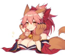 Rule 34 | 1girl, :3, animal ear fluff, animal ears, animal hands, bare shoulders, bell, blush, breasts, bright pupils, claws, cleavage, collar, commentary request, fate/grand order, fate (series), fox ears, fox girl, fox tail, gloves, hair ribbon, head rest, japanese clothes, jingle bell, kimono, large breasts, long sleeves, looking at viewer, muryotaro, off shoulder, orange eyes, paw gloves, pink hair, ponytail, red kimono, red ribbon, ribbon, simple background, smile, solo, sparkle, tail, tamamo (fate), tamamo cat (fate), translation request, upper body, white background, wide sleeves