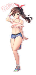 Rule 34 | 1girl, aged down, animal print, bangle, belt, bracelet, breasts, brown eyes, brown hair, camisole, casual, character name, cleavage, collarbone, crop top, d.va (overwatch), denim, denim shorts, earrings, artistic error, facepaint, facial mark, frilled shirt, frills, full body, head scarf, headphones, highres, jewelry, jiji (wldms9313), laces, long hair, looking at viewer, medium breasts, midriff, navel, open mouth, overwatch, overwatch 1, ponytail, rabbit print, salute, shirt, shoes, short shorts, shorts, simple background, sneakers, socks, solo, standing, standing on one leg, stud earrings, swept bangs, whisker markings, white background, white socks, wrong foot