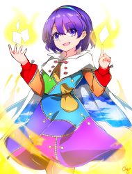 Rule 34 | 1girl, aura, cape, card, cloak, cowboy shot, dress, dume (kandume), hairband, highres, miniskirt, multicolored clothes, multicolored dress, multicolored hairband, open mouth, patchwork clothes, pink hair, pointing, pointing up, purple eyes, rainbow gradient, red button, short hair, simple background, skirt, sky print, tenkyuu chimata, torn cape, torn clothes, touhou, two-sided cape, two-sided fabric, white background, white cape, white cloak, zipper
