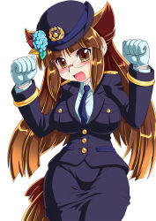 Rule 34 | 1girl, :d, animal ears, blush, breasts, brown eyes, brown hair, flower, glasses, gloves, hydrangea, large breasts, neriwasabi, open mouth, original, paw pose, pencil skirt, police, police uniform, policewoman, seyano ajisai, skirt, smile, solo, source request, uniform