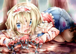 Rule 34 | 1girl, alice margatroid, blonde hair, blood, blue dress, blue eyes, booby trap, capelet, collared capelet, commentary request, crying, crying with eyes open, cuts, dress, frilled hairband, frills, guro, hair between eyes, hair over eyes, hairband, injury, lying, messy hair, necktie, on ground, open mouth, red hairband, scar, severed finger, shoegaze, short hair, short sleeves, solo, tears, touhou, wavy eyes, white capelet