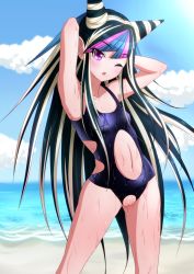 Rule 34 | 10s, 1girl, armpits, arms behind head, arms up, bad id, bad pixiv id, bare legs, beach, black hair, blue hair, blush, breasts, cleavage, cleft of venus, clothing cutout, collarbone, crotch cutout, crotchless, crotchless swimsuit, danganronpa (series), danganronpa 2: goodbye despair, earrings, highres, jewelry, kevin.g.tuck, labret piercing, mioda ibuki, multicolored hair, navel, navel cutout, ocean, one-piece swimsuit, one eye closed, piercing, pink hair, purple eyes, pussy, small breasts, solo, standing, swimsuit, uncensored, water, wet, white hair, wink