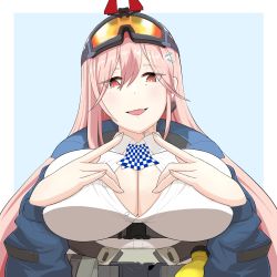 Rule 34 | 1girl, absurdres, ammunition belt, arms up, artificial eye, ascot, blue jacket, breasts, brown eyes, cleavage, earrings, eyewear on head, fang, girls&#039; frontline, hair ornament, hairclip, heart, heart earrings, highres, huge breasts, jacket, jewelry, light blush, long hair, long sleeves, looking at viewer, mechanical eye, mole, mole under eye, neck tattoo, open clothes, open jacket, open mouth, pink hair, police, police uniform, policewoman, safety glasses, shirt, sig mcx (girls&#039; frontline), simple background, smile, solo, spade (shape), spade earrings, sumi ojie, tattoo, uniform, upper body, white shirt