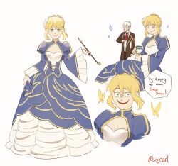 Rule 34 | 1boy, 1girl, adapted costume, artoria pendragon (all), artoria pendragon (fate), beatrice (umineko), beatrice (umineko) (cosplay), black coat, blonde hair, blue dress, braid, braided bun, bug, butterfly, cleavage cutout, closed eyes, clothing cutout, coat, collared shirt, commentary, cosplay, cup, dress, english commentary, english text, evil smile, fate/stay night, fate (series), flower, frilled dress, frills, full body, gloves, gold trim, green eyes, hair bun, hair flower, hair ornament, holding, holding cup, holding smoking pipe, insect, invisible chair, jewelry, juliet sleeves, kiseru, long sleeves, looking at viewer, merlin (fate), monocle, multiple views, necktie, no ahoge, ojrart, ponytail, puffy sleeves, red necktie, ring, ronove (umineko), ronove (umineko) (cosplay), saber (fate), shirt, sidelocks, simple background, single hair bun, sitting, skirt hold, smile, smoking pipe, speech bubble, twitter username, umineko no naku koro ni, white background, white flower, white gloves, white hair, white shirt, wide sleeves, yellow butterfly