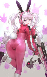 Rule 34 | 1girl, alice (nikke), animal ear headphones, animal ears, arched back, ass, bodysuit, breasts, cameltoe, cleft of venus, fake animal ears, from behind, gloves, goddess of victory: nikke, gun, headphones, heart, highres, holding, holding gun, holding weapon, leaning forward, long hair, looking at viewer, looking back, lukapia, medium breasts, open mouth, pantylines, pink bodysuit, pink eyes, pink gloves, rabbit ears, rabbit tail, rapture (nikke), rifle, robot, shoes, shrug (clothing), sleeves past wrists, smile, sneakers, sniper rifle, solo, standing, standing on one leg, tail, teeth, thighs, twintails, two-tone gloves, upper teeth only, very long hair, weapon, white footwear, white gloves, white hair