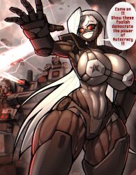 Rule 34 | 1girl, abs, absurdres, breasts, commentary, curvy, english commentary, english text, hado (zzzhadozzz), helldivers (series), highres, large breasts, long hair, red eyes, robot, robot girl, solo, thick thighs, thighs, white hair, wide hips