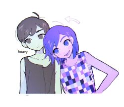 Rule 34 | 2boys, antenna hair, arms at sides, arrow (symbol), averting eyes, bare arms, black eyes, black hair, black tank top, checkered clothes, checkered shirt, closed mouth, collarbone, colored skin, english text, hair behind ear, head tilt, kel (headspace) (omori), kel (omori), looking at another, lower teeth only, multiple boys, no pupils, omori, omori (omori), open mouth, purple skin, shirt, short hair, sleeveless, smile, tank top, teeth, thxzmgn, upper body, white background, white skin