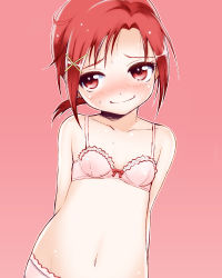 Rule 34 | 10s, 1girl, aged down, arms behind back, bad id, bad pixiv id, belly, blush, bra, collarbone, embarrassed, hair ornament, hairclip, hino akane (smile precure!), jitsudan, light smile, lingerie, looking away, navel, nose blush, pink background, pink bra, precure, red eyes, red hair, short hair, simple background, smile precure!, solo, sweat, sweatdrop, underwear, underwear only, wavy mouth