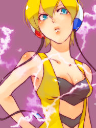 Rule 34 | 10s, 1girl, armpits, bare shoulders, blonde hair, blue eyes, body blush, breasts, cable, cleavage, closed mouth, collarbone, creatures (company), elesa (pokemon), female focus, game freak, gradient background, gym leader, hair between eyes, head tilt, headphones, looking at viewer, makoto1009, nintendo, pokemon, pokemon bw, purple background, short hair, simple background, sleeveless, small breasts, solo, upper body