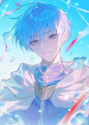 Rule 34 | 1boy, absurdres, bishounen, blue hair, commentary, commentary request, day, english commentary, falling petals, green eyes, highres, himmel (sousou no frieren), looking at viewer, male focus, mixed-language commentary, petals, short hair, smile, solo, sousou no frieren, upper body, zhumojian