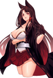 Rule 34 | 1girl, akagi (azur lane), animal ears, azur lane, bad id, bad pixiv id, black gloves, black hair, breast hold, breasts, cleavage, collarbone, cowboy shot, fox ears, fox tail, gloves, hakama, hakama short skirt, hakama skirt, highres, japanese clothes, large breasts, long hair, long sleeves, looking at viewer, multiple tails, parted lips, red eyes, red skirt, shiodango, skirt, solo, tail, wide sleeves