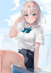 Rule 34 | 1girl, absurdres, auui, black skirt, blue bow, blue eyes, blue sky, bow, breasts, chain-link fence, closed mouth, cloud, cloudy sky, collared shirt, commentary request, day, dress shirt, feet out of frame, fence, grey hair, hair between eyes, hand up, highres, long hair, looking at viewer, medium breasts, original, outdoors, parted bangs, pleated skirt, pool, poolside, school uniform, shirt, short sleeves, skirt, sky, water, white shirt