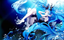 Rule 34 | 1girl, absurdly long hair, bad id, bad pixiv id, black dress, blue eyes, blue hair, bubble, dress, gotmil, hatsune miku, long hair, matching hair/eyes, open mouth, pale skin, shinkai shoujo (vocaloid), solo, submerged, twintails, underwater, very long hair, vocaloid