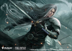 1boy armor artist_name black_coat black_gloves cloud cloudy_sky coat company_name copyright_name copyright_notice fighting_stance final_fantasy final_fantasy_vii final_fantasy_vii_rebirth final_fantasy_vii_remake floating_hair gloves green_eyes grey_background grey_hair grey_sky holding holding_sword holding_weapon katana long_hair long_sleeves magali_villeneuve magic:_the_gathering male_focus official_art parted_bangs parted_lips pauldrons rubble sephiroth shoulder_armor sky smile solo sword very_long_hair weapon wind