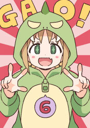 Rule 34 | + +, 1girl, :d, blonde hair, blush stickers, commentary request, dinosaur costume, double w, fang, finger counting, gao, green eyes, hood, hood up, long sleeves, looking at viewer, nekotoufu, official art, oka asahi, onesie, onii-chan wa oshimai!, open mouth, simple background, skin fang, smile, solo, spoken number, sunburst, sunburst background, w, white background, zipper pull tab