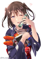 Rule 34 | 1girl, bad id, bad pixiv id, balloon, blue kimono, bottle, box, brown eyes, brown hair, corn, cowboy shot, food, japanese clothes, juurouta, kantai collection, kimono, leaf print, one eye closed, open mouth, ramune, sendai (kancolle), short hair, simple background, snack, solo, twintails, twitter username, two side up, white background, yukata