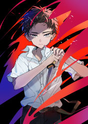 Rule 34 | 1boy, absurdres, atsushi toushirou, bare legs, belt, black background, black pants, brown hair, chibit (choco-bit), collared shirt, dress shirt, floating clothes, glint, grey eyes, hands up, highres, holding, holding sword, holding weapon, looking at viewer, male focus, pants, reverse grip, serious, shards, shirt, short hair, short sleeves, short sword, solo, sword, tantou, touken ranbu, unsheathed, weapon, white shirt, wind
