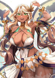 Rule 34 | 1girl, absurdres, andromeda (fate), andromeda (first ascension) (fate), armlet, bare shoulders, belly chain, blonde hair, blush, braid, breasts, chain, cleavage, collar, crown braid, cuffs, dark-skinned female, dark skin, detached sleeves, dress, fate/grand order, fate (series), gold teeth, green eyes, hair ornament, highres, jaws, jewelry, jmfz5558, large breasts, long hair, looking at viewer, low twintails, metal collar, multicolored hair, open mouth, shackles, short dress, sidelocks, smile, solo, sparkle, thighs, twintails, two-tone hair, white dress, white hair