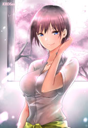 Rule 34 | 1girl, adjusting hair, artist name, blue eyes, breasts, cherry blossoms, cleavage, closed mouth, collared shirt, commentary, dress shirt, go-toubun no hanayome, highres, krdsan, large breasts, looking at viewer, nakano ichika, shirt, short hair, short sleeves, smile, tied sweater, white shirt, window