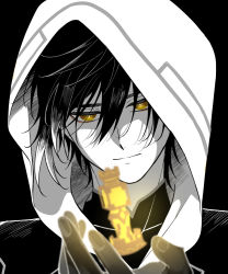 Rule 34 | 1boy, chess piece, closed mouth, genshin impact, gnosis (genshin impact), greyscale, hair between eyes, hood, hood up, hooded robe, kukuuta, looking at viewer, makeup, male focus, monochrome, portrait, robe, simple background, solo, spot color, yellow eyes, zhongli (archon) (genshin impact), zhongli (genshin impact)
