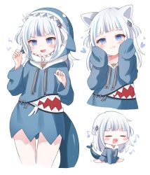 Rule 34 | 1girl, :i, = =, absurdres, animal ears, animal hoodie, blue dress, blue eyes, blue hair, blush, blush stickers, cat ears, chibi, closed eyes, closed mouth, commentary, cowboy shot, cropped legs, cropped torso, drawstring, dress, eighth note, eyes visible through hair, fins, fish tail, full body, gawr gura, hair ornament, hands up, happy, heart, highres, hololive, hololive english, honyang, hood, hood down, hood up, hooded dress, hoodie, kemonomimi mode, long sleeves, looking at viewer, multicolored clothes, multicolored hair, multicolored hoodie, multiple views, musical note, no pants, open mouth, shark girl, shark hair ornament, shark hoodie, shark tail, sharp teeth, simple background, sitting, sleeves past fingers, sleeves past wrists, symbol-only commentary, tail, teeth, two side up, upper body, upper teeth only, virtual youtuber, wavy mouth, white background, white hair