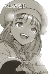 Rule 34 | 1girl, aoba (smartbeat), apron, breasts, brooch, fate/grand order, fate (series), greyscale, hat, highres, jewelry, long hair, long sleeves, looking at viewer, martha (fate), martha (santa) (fate), medium breasts, mittens, monochrome, off shoulder, open mouth, santa hat, smile, solo, translation request