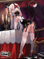 Rule 34 | 1girl, absurdres, animal ears, apron, arched back, ass, bare shoulders, candelabra, candle, candlestand, cat ears, cat tail, chair, checkered floor, full moon, garter straps, gloves, half updo, hand on own face, headdress, high heels, highres, leaning forward, long hair, maid, maid apron, moon, no panties, qbspdl, red eyes, red footwear, shoes, slit pupils, smirk, solo, table, tail, thighhighs, unleashed, white gloves, white hair, white thighhighs, window