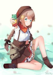 Rule 34 | 1girl, aqua eyes, artist name, bandana, beret, black bow, blush, boots, bow, braid, breasts, brown footwear, brown hat, brown skirt, chocolate, closed mouth, commentary request, cross-laced footwear, fingernails, fnc (girls&#039; frontline), food, girls&#039; frontline, hair between eyes, hair bow, hair ornament, hat, highres, holding, holding food, lace-up boots, low twintails, red bandana, seero, shirt, sitting, skirt, small breasts, smile, solo, suspender skirt, suspenders, twin braids, twintails, white shirt