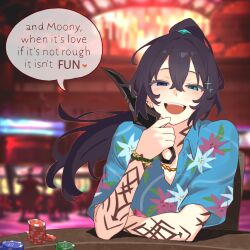 Rule 34 | 1boy, alternate eye color, aqua eyes, black hair, blue eyes, blue shirt, casino, collared shirt, dagger, game screenshot background, hawaiian shirt, high ponytail, highres, holding, holding dagger, holding knife, holding weapon, hong lu (project moon), indoors, knife, limbus company, long hair, looking at viewer, open mouth, past desiderium, ponytail, project moon, screenshot background, shirt, short sleeves, smile, solo, tingtang gang (identity) (project moon), very long hair, weapon, wristband