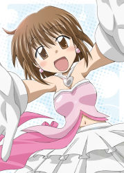 Rule 34 | 00s, 1girl, brown eyes, brown hair, cute &amp; girly (idolmaster), earrings, female focus, gloves, hagiwara yukiho, idolmaster, idolmaster (classic), idolmaster 1, jewelry, navel, outstretched arms, outstretched hand, reaching, short hair, solo, yoshiwo (kanikama)