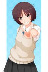 Rule 34 | 1girl, amagami, blush, kishida-shiki, school uniform, short hair, skirt, solo, sweater vest, tachibana miya, v