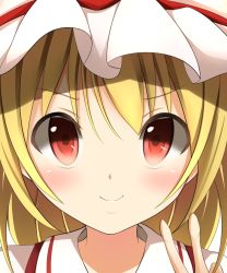 Rule 34 | 1girl, blonde hair, blush, close-up, closed mouth, flandre scarlet, hat, highres, kuroganeruto, raised eyebrow, red eyes, solo, touhou, v