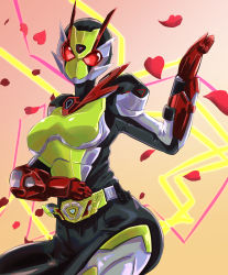 Rule 34 | 1girl, absurdres, antennae, armor, bodysuit, breasts, commentary request, cycloneactionx, gloves, helmet, highres, is (kamen rider 01), kamen rider, kamen rider 01 (series), kamen rider zero-two, large breasts, looking at viewer, petals, red eyes, red gloves, rider belt, rose petals, solo, tokusatsu