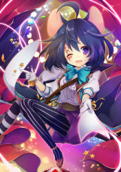 Rule 34 | 10s, 1girl, ahoge, animal ears, bag, black hair, bow, bowtie, cardfight!! vanguard, curtains, facial mark, gloves, hair between eyes, happiness collector, highres, leeannpippisum, looking at viewer, money, one eye closed, open mouth, outstretched arm, pantyhose, puffy short sleeves, puffy sleeves, purple eyes, ribbon, short hair, short sleeves, smile, solo, star (symbol), white gloves