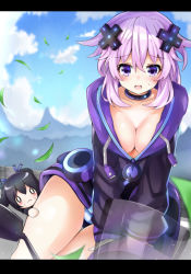 Rule 34 | 1girl, :o, adult neptune, alternate hair length, alternate hairstyle, bicycle, black choker, black hair, black jacket, blush, breasts, character doll, choker, cleavage, cloud, cowboy shot, d-pad, d-pad hair ornament, day, frown, giga-tera, hair ornament, hood, hood down, hooded jacket, hoodie, jacket, large breasts, leaves, legs, long hair, looking at viewer, medium breasts, mega miracle force, motorbike, moutains, neck, neptune (neptunia), neptune (series), no bra, no pants, noire (neptunia), on motorcycle, open mouth, outdoors, panties, pantyshot, parka, purple eyes, purple hair, ribbon, sad, shin jigen game neptune vii, sky, solo, staring, striped clothes, striped panties, surprised, tears, thigh gap, thighs, twintails, underwear, usb, very long hair