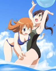 Rule 34 | 2girls, arms up, ball, bikini, blue eyes, blush, breasts, brown eyes, brown hair, charlotte e. yeager, cleavage, cloud, day, gertrud barkhorn, komatsu (sakanae), medium breasts, multiple girls, one-piece swimsuit, one eye closed, open mouth, outdoors, sky, small breasts, strike witches, swimsuit, wading, water, wince, wink, world witches series