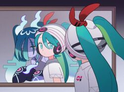 Rule 34 | 2girls, aqua eyes, aqua hair, beanie, bright pupils, closed mouth, collared shirt, commentary request, creatures (company), detached sleeves, dot mouth, game freak, ghost, ghost miku (project voltage), glitch, grey shirt, hair between eyes, hair over one eye, hair through headwear, half-closed eyes, hat, hatsune miku, headphones, highres, klarogiraffe, long hair, looking at mirror, mirror, multiple girls, necktie, nintendo, pale skin, pokemon, project voltage, psychic miku (project voltage), reflection, shirt, short sleeves, sleeves past fingers, sleeves past wrists, twintails, upper body, very long hair, vocaloid, white headwear, white pupils, white shirt, will-o&#039;-the-wisp (mythology), yellow eyes