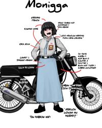 1girl bag black_bag black_eyes black_footwear black_gloves black_hair character_name character_profile collared_shirt commentary_request full_body gloves hands_on_own_hips highres indonesian_flag indonesian_high_school_uniform indonesian_text javanese_commentary javanese_text long_skirt long_sleeves looking_at_viewer motor_vehicle motorcycle open_mouth original school_uniform shirt shoes short_hair shoulder_bag simple_background skirt solo standing timur24k white_background white_shirt