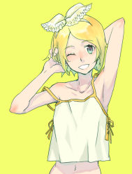 Rule 34 | 1girl, aqua eyes, armpits, arms behind head, arms up, blonde hair, camisole, female focus, hair ribbon, kagamine rin, mentsuyu, midriff, one eye closed, ribbon, simple background, smile, solo, vocaloid, wink
