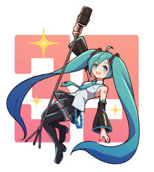 Rule 34 | 1girl, aqua eyes, aqua hair, aqua necktie, bare shoulders, black footwear, black sleeves, boots, breasts, detached sleeves, grey shirt, hatsune miku, highres, holding, holding microphone stand, long hair, long sleeves, looking at viewer, medium breasts, microphone stand, miku day, necktie, open mouth, pleated skirt, shirt, skirt, smile, solo, thigh boots, twintails, umenodo, very long hair, vocaloid