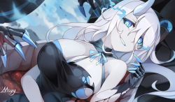 Rule 34 | 1girl, abyssal ship, artist name, black dress, blue bra, blue eyes, blue fire, bra, breasts, claw (weapon), cleavage, colored skin, dress, fire, grey skin, horns, intestines, kamikaze airfield (warship girls r), large breasts, long hair, mtyy, single horn, smirk, solo, torn clothes, underwear, upper body, warship girls r, weapon, white hair