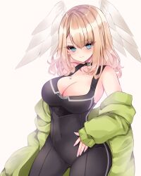 Rule 34 | 1girl, bare shoulders, black bodysuit, blue eyes, blush, bodysuit, breasts, brown hair, cleavage, closed mouth, collarbone, commentary request, covered navel, eunie (xenoblade), feathered wings, green jacket, grey background, hair between eyes, head wings, highres, jacket, large breasts, long hair, long sleeves, looking at viewer, nanase nao, off shoulder, open clothes, open jacket, puffy long sleeves, puffy sleeves, simple background, sleeves past wrists, smile, solo, white wings, wings, xenoblade chronicles (series), xenoblade chronicles 3