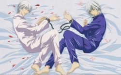 Rule 34 | 00s, 2boys, barefoot, bdsm, bed, bed sheet, bondage, bound, bound wrists, brothers, chain, closed eyes, cuffs, feet, from above, indoors, kiryuu ichiru, kiryuu zero, lying, male focus, multiple boys, nishida asako, official art, on side, open mouth, outstretched arm, pajamas, petals, short hair, siblings, sleeping, smile, twins, vampire knight, white hair