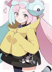 Rule 34 | 1girl, absurdres, boots, bow-shaped hair, character hair ornament, commentary request, creatures (company), game freak, green hair, grey footwear, grin, hair ornament, heart, highres, iono (pokemon), jacket, leg up, long hair, long sleeves, looking at viewer, nintendo, pink hair, pokemon, pokemon sv, poryuyee, sleeves past fingers, sleeves past wrists, smile, solo, teeth, twintails, yellow jacket