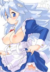 Rule 34 | 1girl, ahoge, animal ears, blue eyes, blue hair, blush, borrowed character, breasts, dress, futaba channel, large breasts, long hair, maid, matching hair/eyes, mu-pyon, nipples, pinky out, solo, thighhighs
